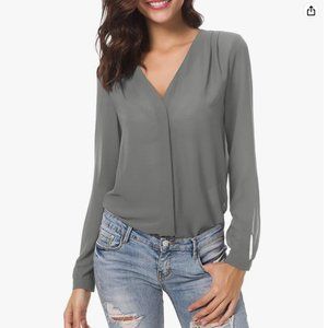 Urban CoCo Womens V Neck Ruffled Shoulder Business Causal Chiffon Blouse Button